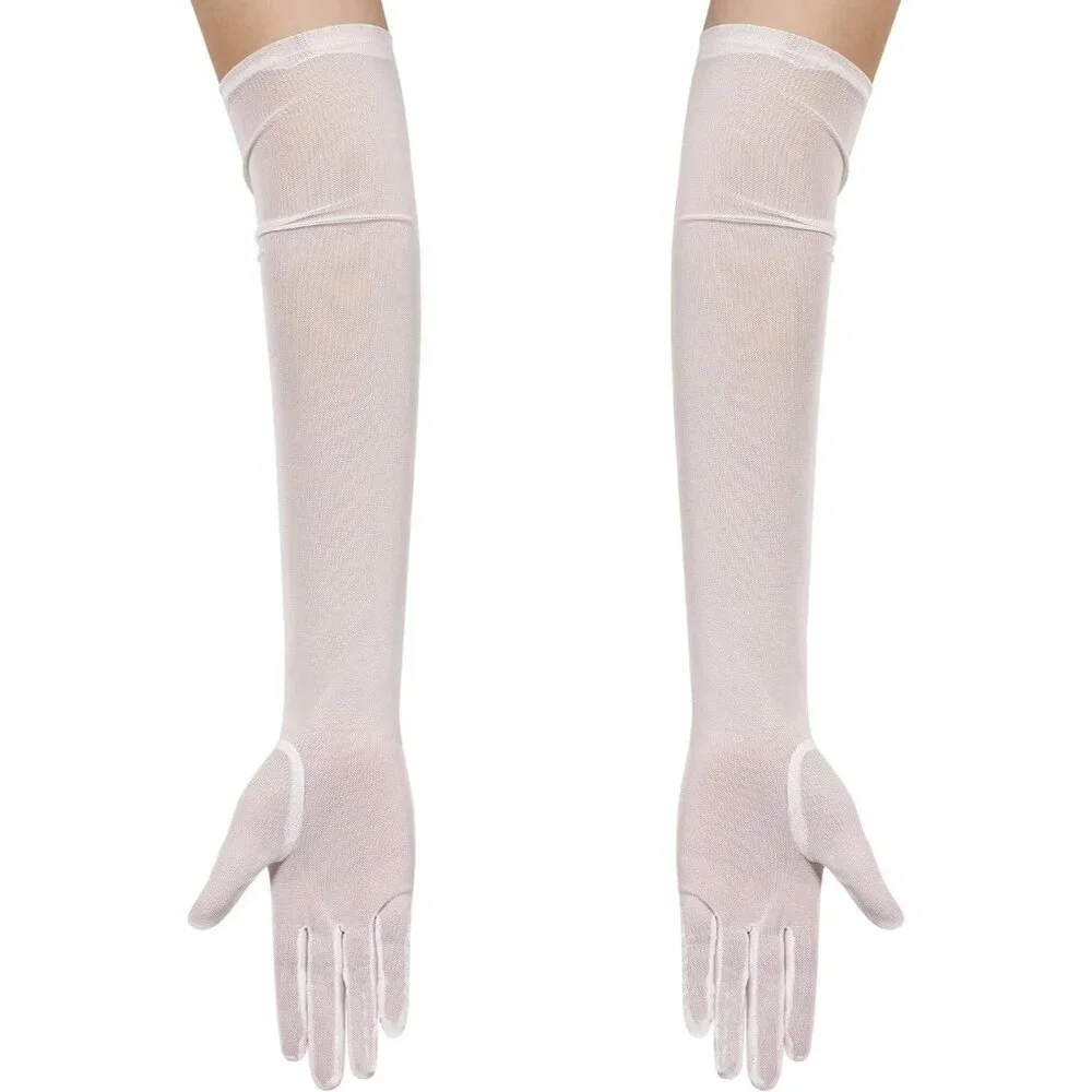 Women's Tulle Mesh White Long Stretchy Gloves Halloween Party Wedding Costume